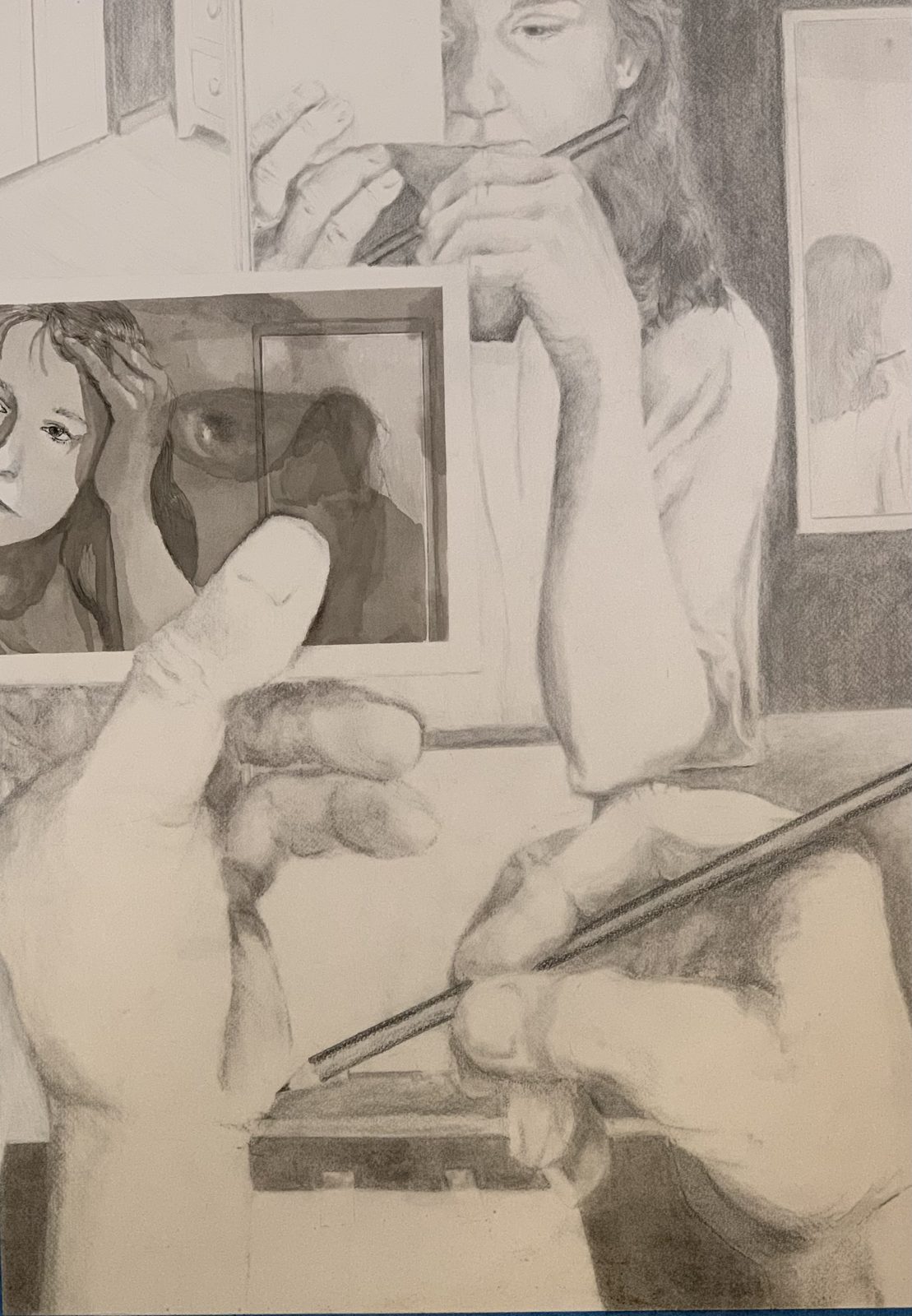 Triple Self Portrait, painting by Charlotte Pilgrim